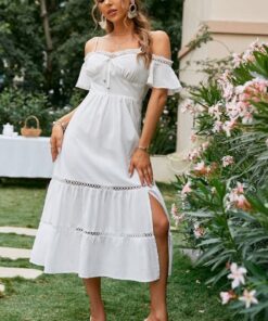 Boho white lace midi dress