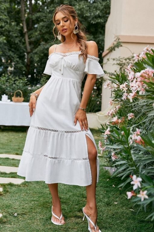 Boho white lace midi dress