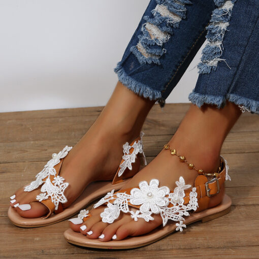 Buckle Flat Sandals Women Pearl Flower Bohemian Retro Shoes Casual Beach Slippers 2022 New Fashion Summer