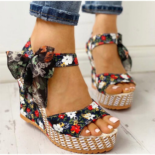 KAMUCC Summer Beach Boho Floral Wedge Sandals Women Ankle Strap Platform Gladiator Shoes Woman High Heels