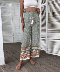 Women Clothing Casual Boho Print Wide Leg Pants for Ladies Summer Fashion Loose Trousers Green Beach 2