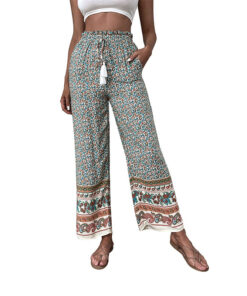 Women Clothing Casual Boho Print Wide Leg Pants for Ladies Summer Fashion Loose Trousers Green Beach 5