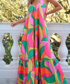multicolor boho geometric print sleeveless maxi dress