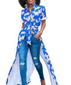 Long-Length Flower Prints Blue Dress